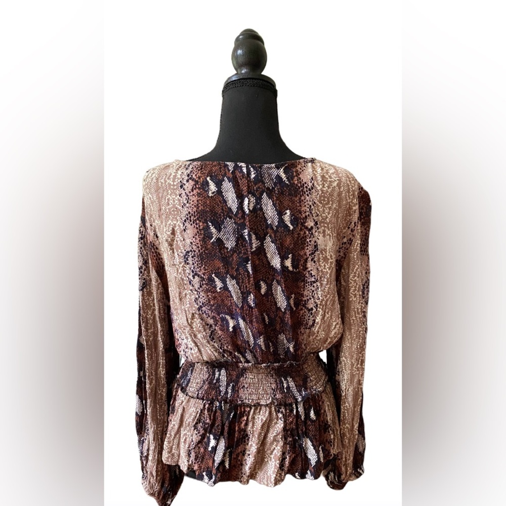 Angie: Brown, Black, Tan and White 100% Rayon Boho Snakeskin Blouse - Picture 7 of 17
